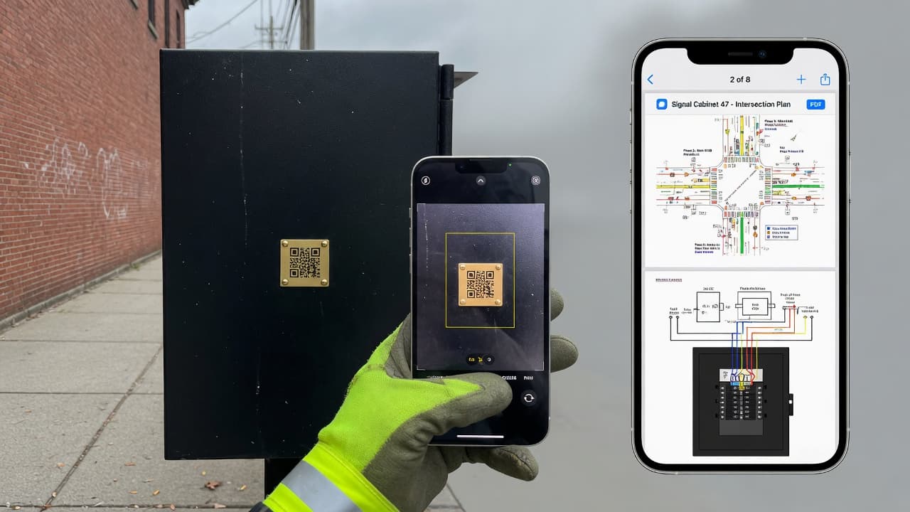 Field crew scanning a brass QR tag on a traffic cabinet, then viewing intersection layout and cabinet plans on iPhone
